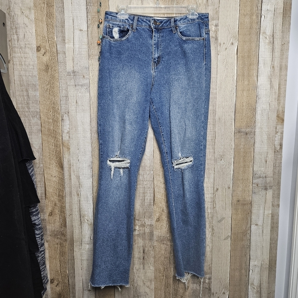 RSQ High-rise Straight Leg Raw Hem Denim Blue Jeans Sze 30x30 Fringed Distressed